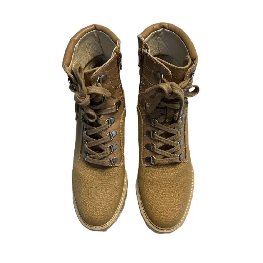 VGC Dolce Vita Hank Canvas Faux Leather Combat Winter Hiking Café/Tan Boots 8.5